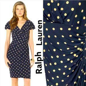 Lauren by Ralph Lauren Faux Wrap Navy Blue & Tan Polka Dot  Dress  Sz 6